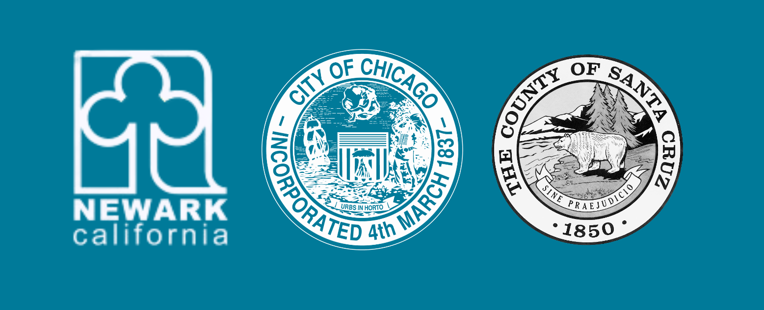 logos of client cities that trust GovAI Review: Newark, CA; City of Chicago, the county of Santa Cruz